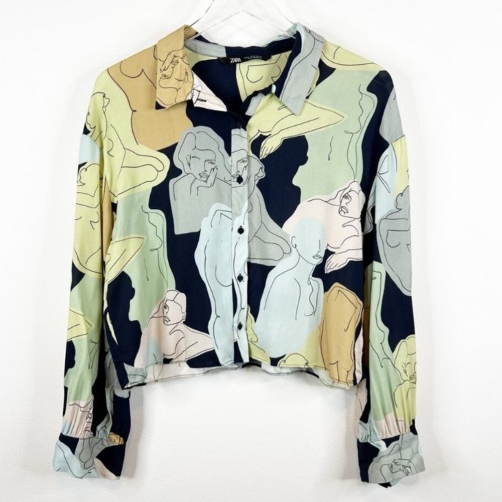 ZARA Abstract Print Button Down Top M